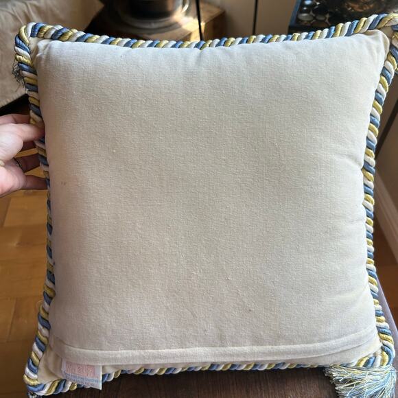 Katha Diddle Wool Petit Point Pillow Yellow Birds Flowers 16x16” Needlepoint - Picture 7 of 8